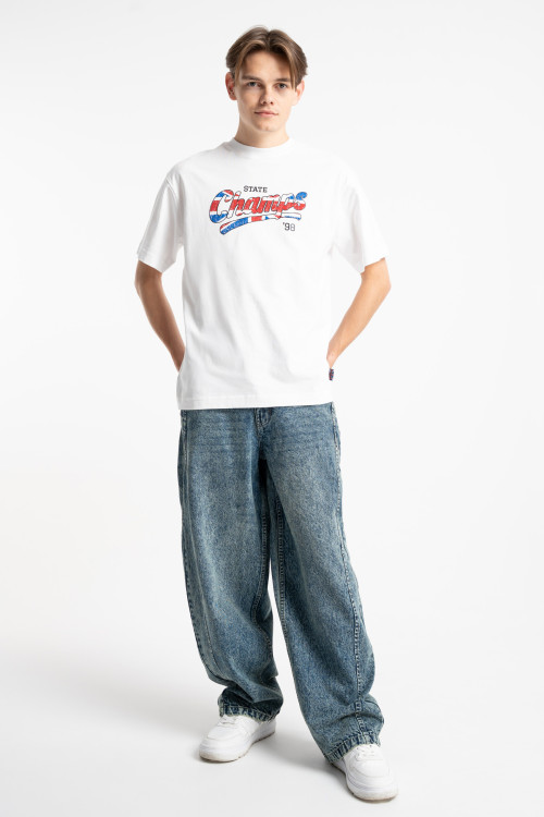 Niebieskie spodnie jeansowe SKATER z modnymi cięciami na nogawkach