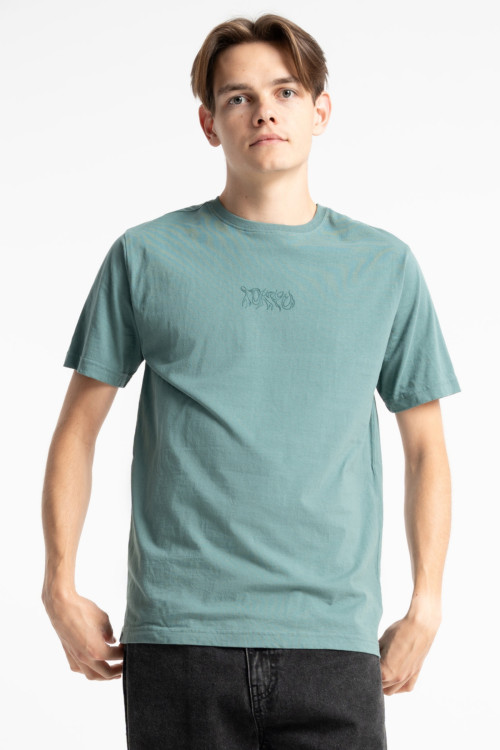 Zielony t-shirt REGULAR z minimalistyczną autorską grafiką z przodu