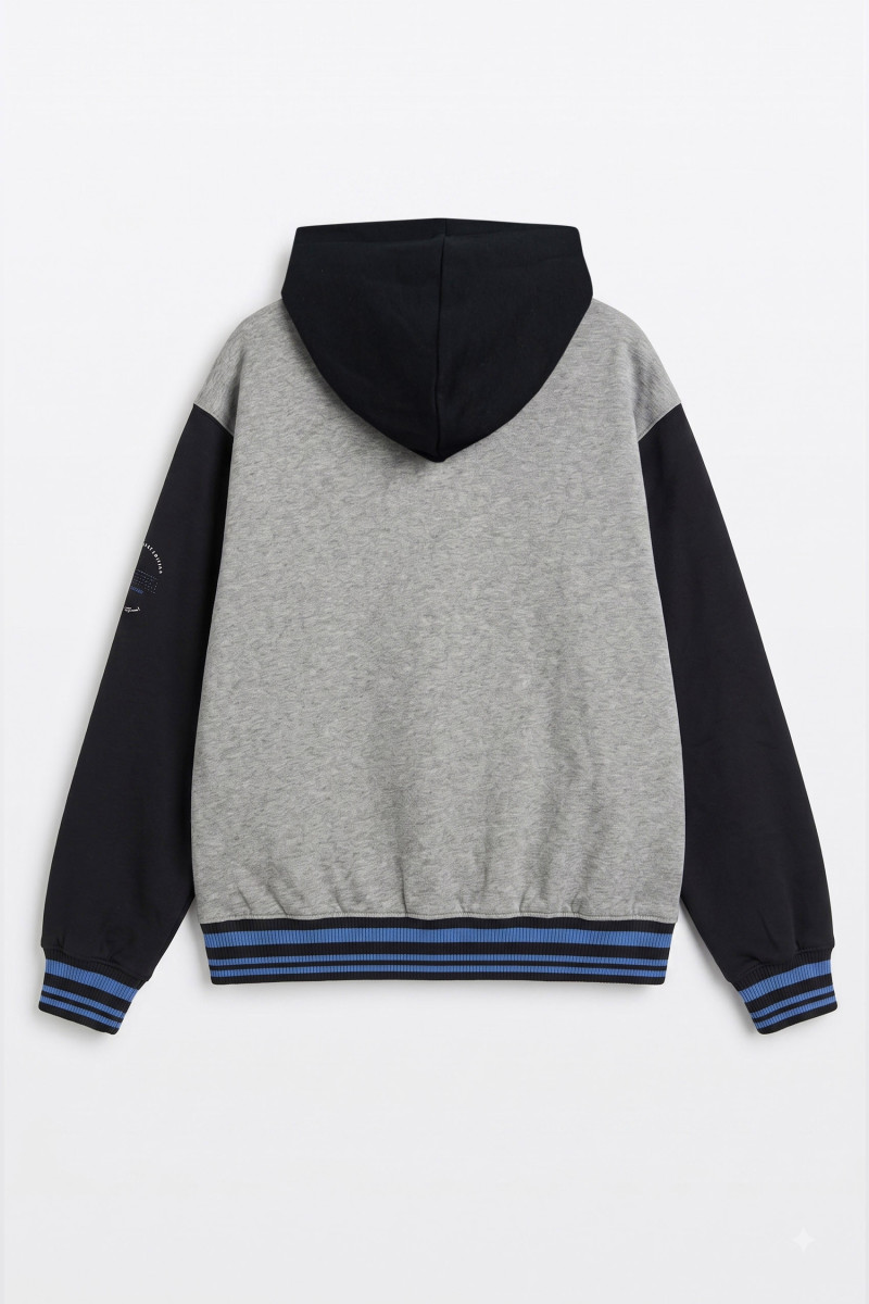 Szaro-czarna bluza LOOSE z kapturem z kolorowym ściągaczem