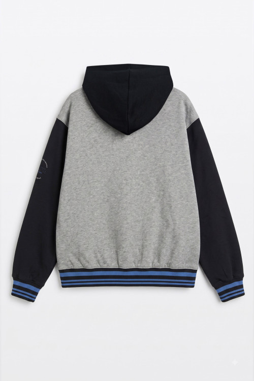 Szaro-czarna bluza LOOSE z kapturem z kolorowym ściągaczem