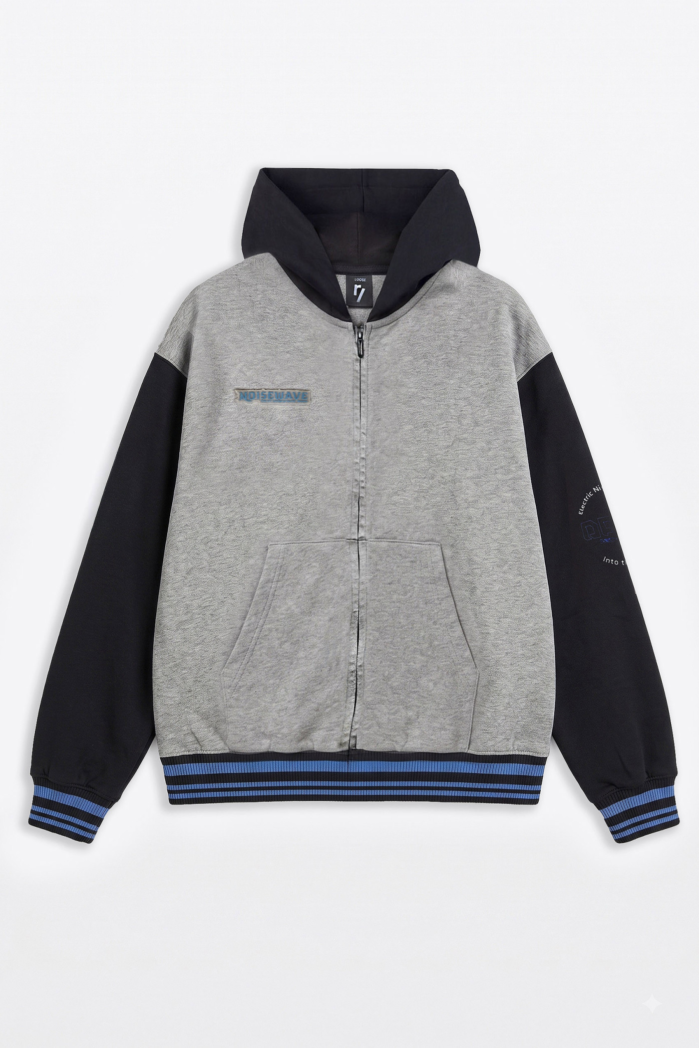 Szaro-czarna bluza LOOSE z kapturem z kolorowym ściągaczem