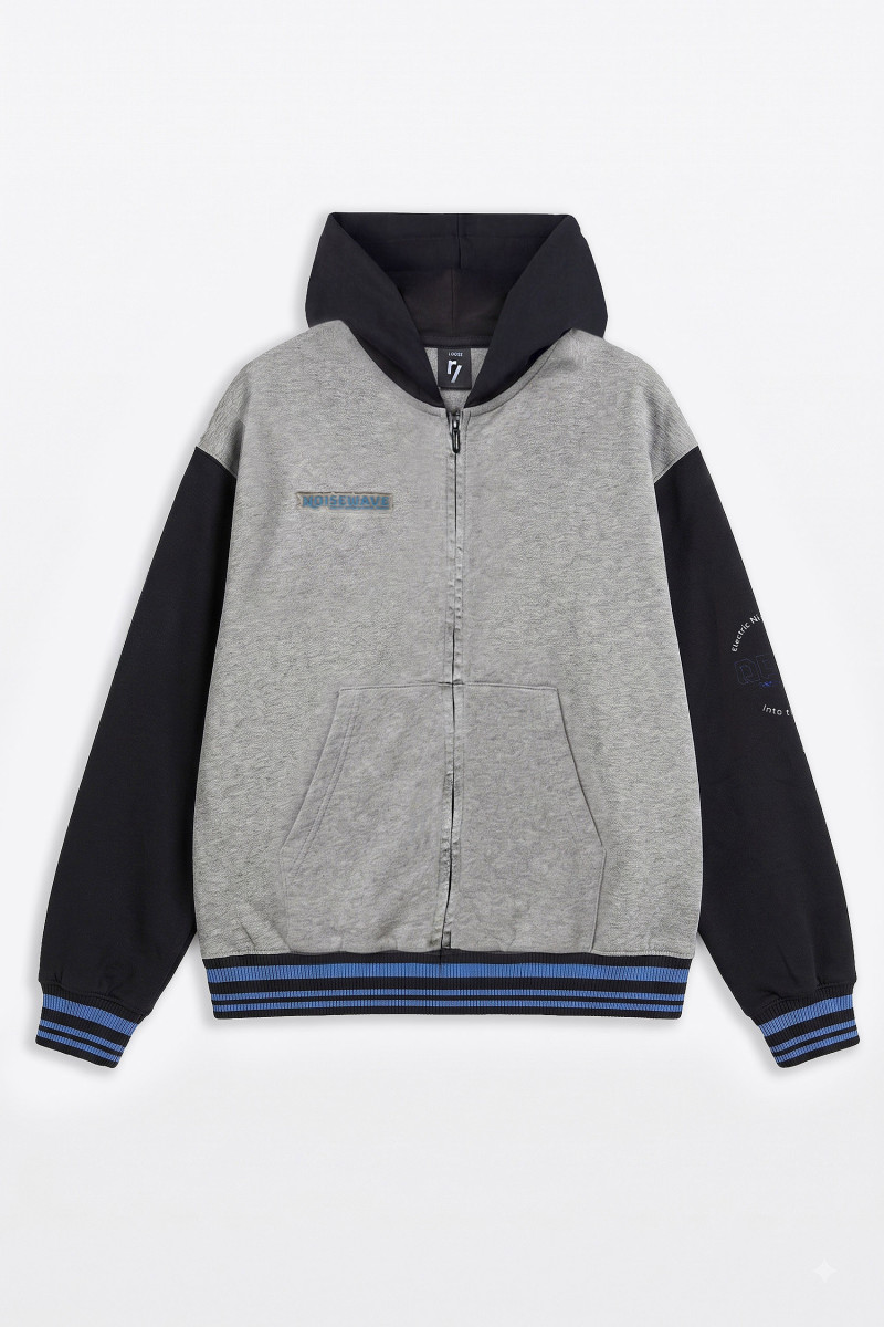 Szaro-czarna bluza LOOSE z kapturem z kolorowym ściągaczem