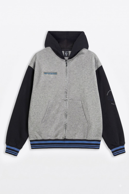 Szaro-czarna bluza LOOSE z kapturem z kolorowym ściągaczem