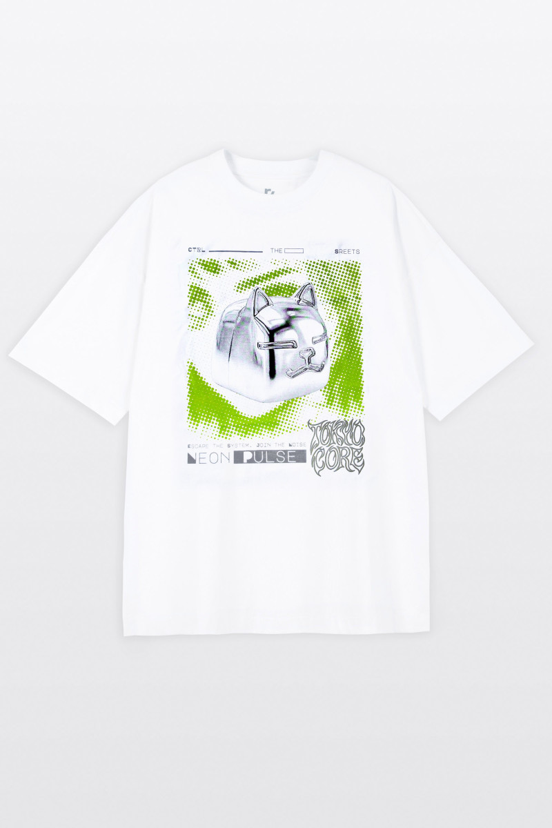 Biały t-shirt LOOSE z autorska grafiką z przodu