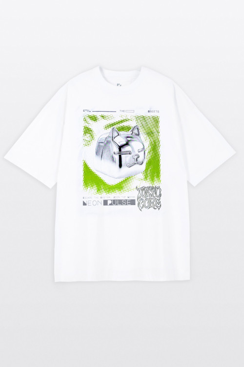 Biały t-shirt LOOSE z autorska grafiką z przodu