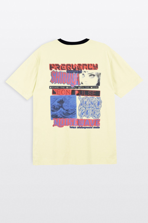 Beżowy t-shirt LOOSE z autorską grafiką z tyłu