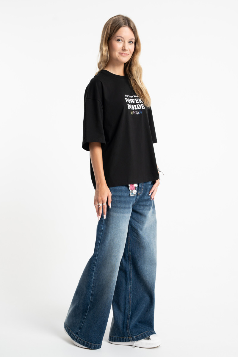 Granatowe spodnie jeansowe WIDE LEG z modnymi przetarciami