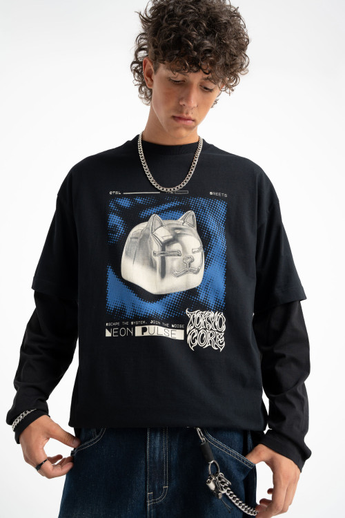 Czarny t-shirt LOOSE z autorską grafiką z przodu
