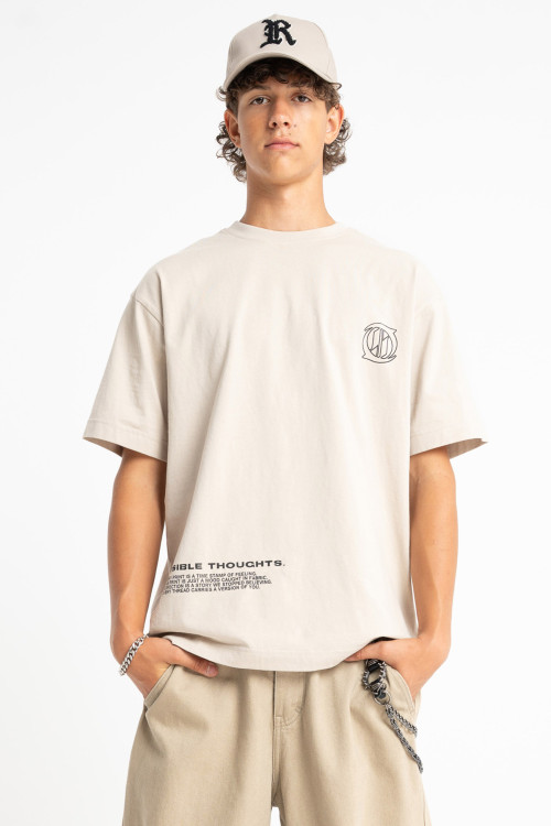 Beżowy t-shirt LOOSE z nadrukami z przodu