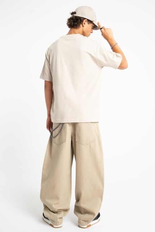 Beżowy t-shirt LOOSE z nadrukami z przodu