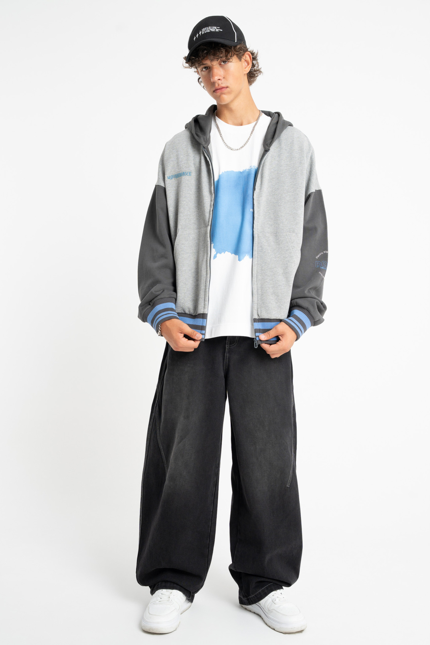 Szaro-czarna bluza LOOSE z kapturem z kolorowym ściągaczem