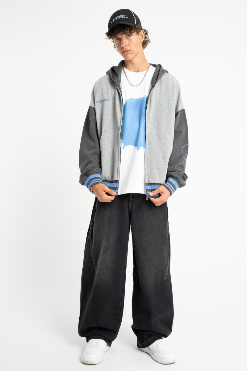 Szaro-czarna bluza LOOSE z kapturem z kolorowym ściągaczem