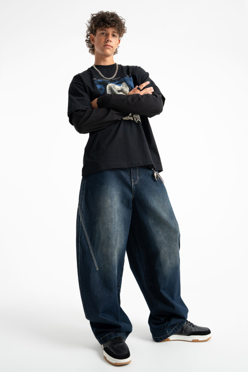 Granatowe spodnie jeansowe SKATER z efektem sprania