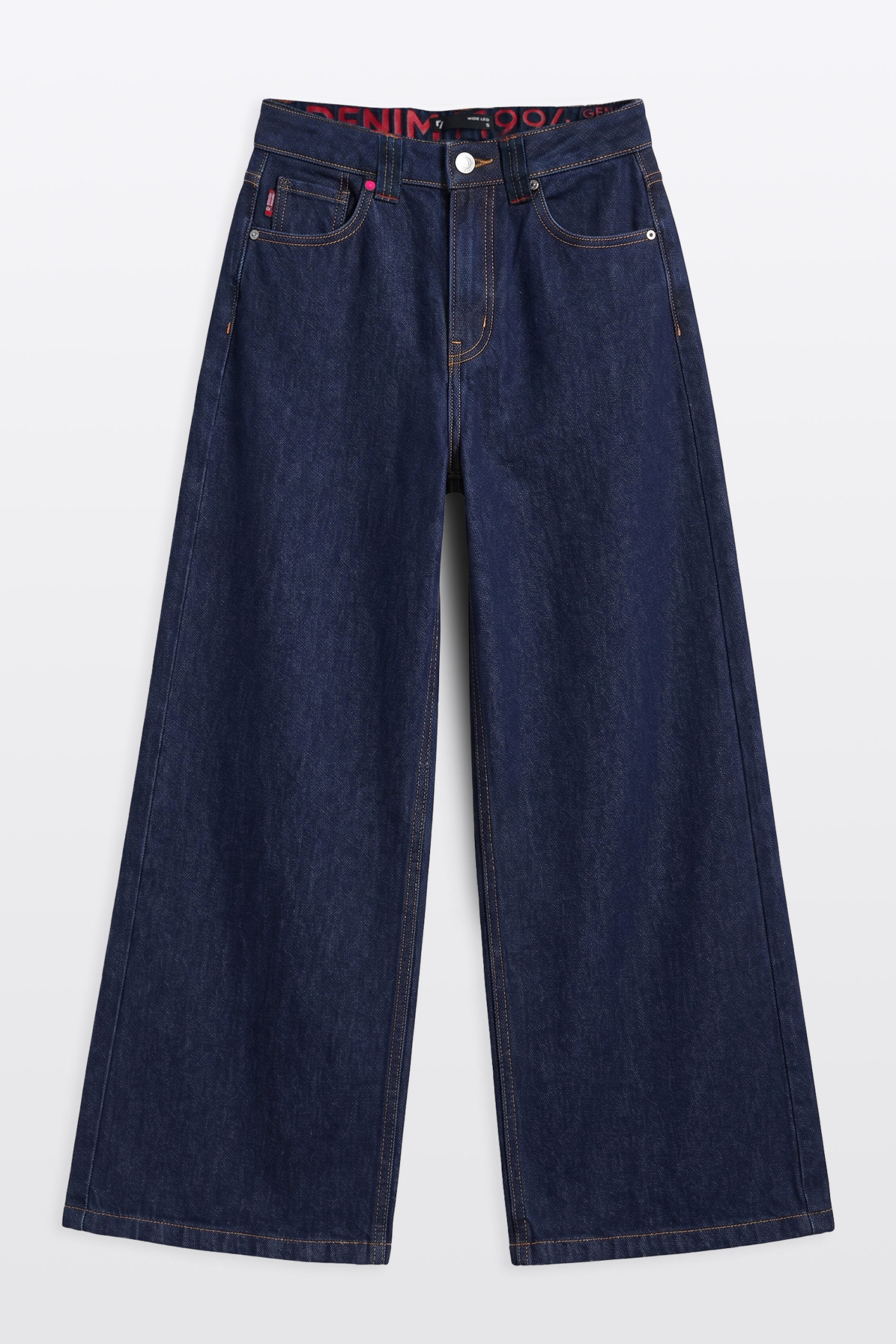 Granatowe spodnie jeansowe WIDE LEG z modnymi przetarciami