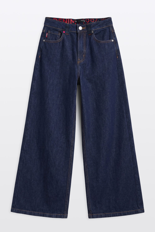 Granatowe spodnie jeansowe WIDE LEG z modnymi przetarciami