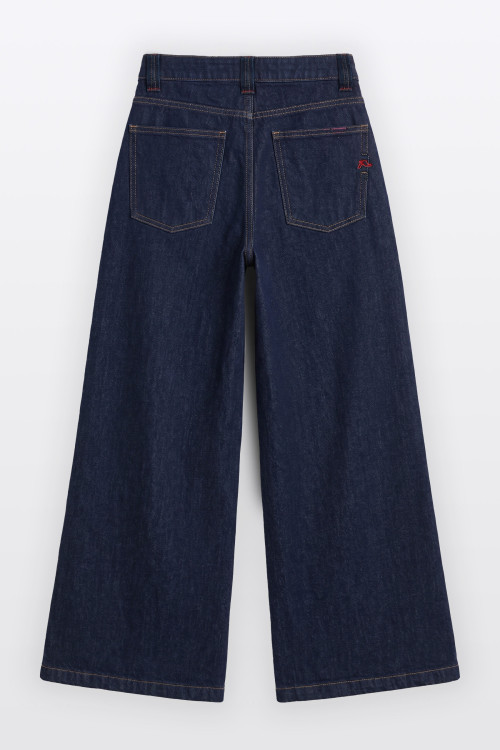 Granatowe spodnie jeansowe WIDE LEG z modnymi przetarciami