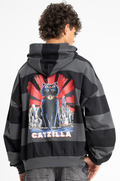Bluza w czarno-szare pasy LOOSE z kapturem z autorską grafiką z tyłu