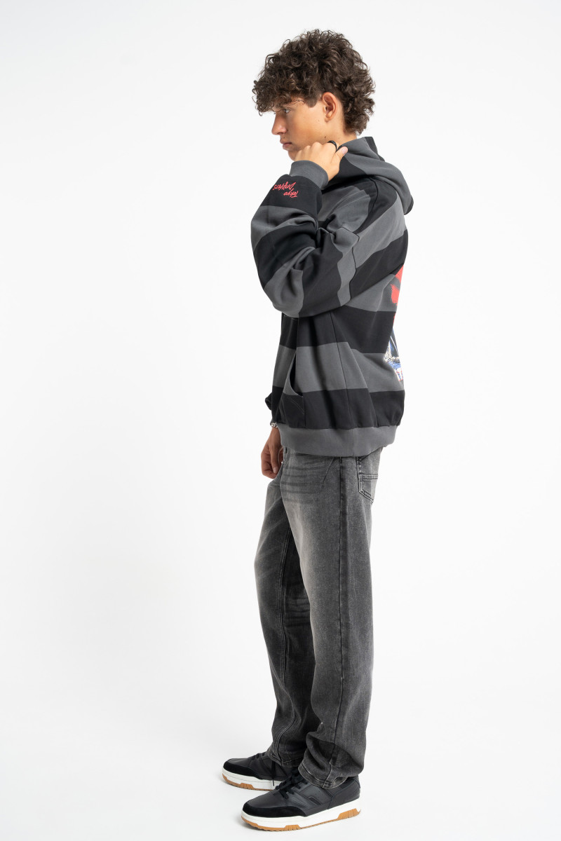 Bluza w czarno-szare pasy LOOSE z kapturem z autorską grafiką z tyłu