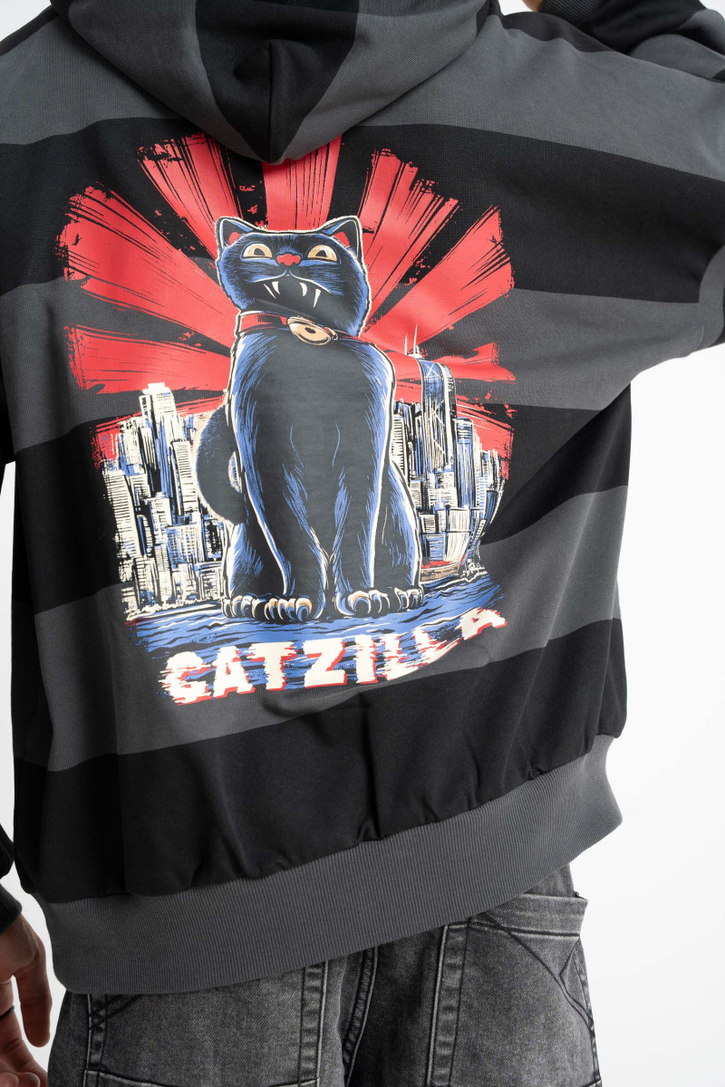 Bluza w czarno-szare pasy LOOSE z kapturem z autorską grafiką z tyłu