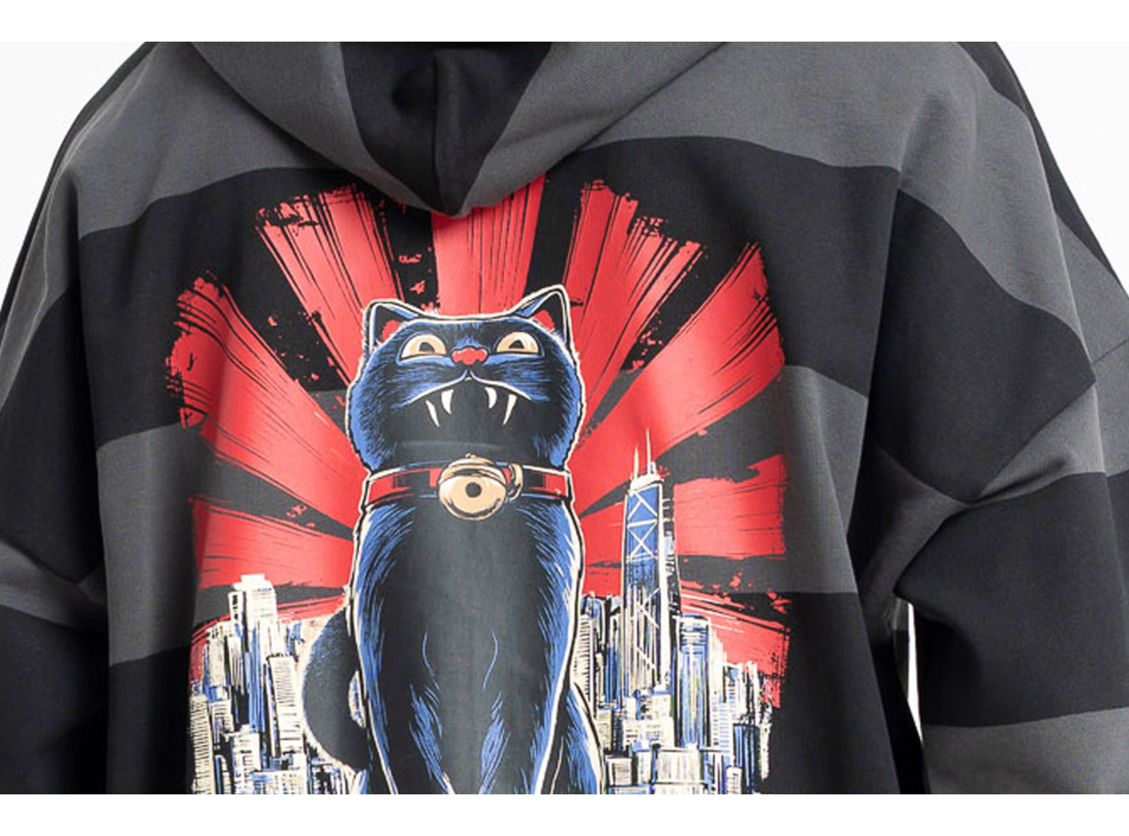 Bluza w czarno-szare pasy LOOSE z kapturem z autorską grafiką z tyłu