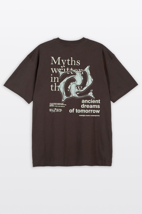 Brązowy t-shirt LOOSE z nadrukiem z przodu