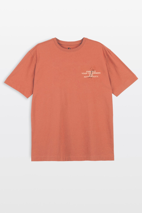 Pomarańczowy t-shirt LOOSE z autorską grafiką z tyłu