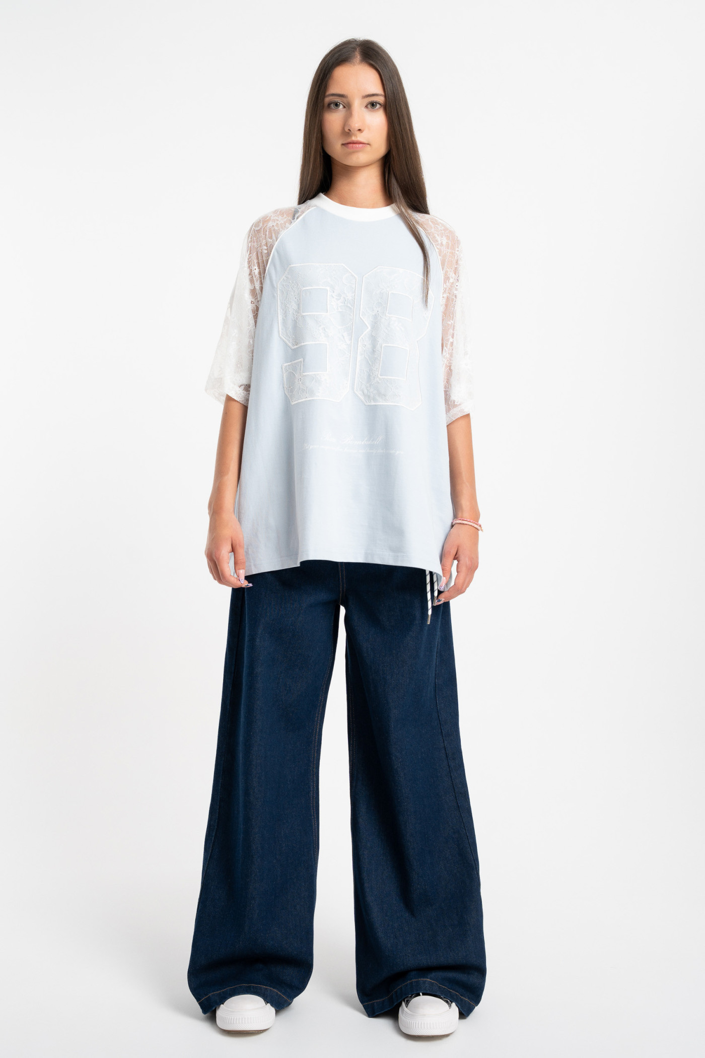 Granatowe spodnie jeansowe WIDE LEG z modnymi przetarciami