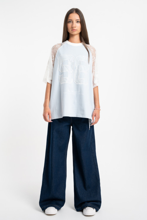 Granatowe spodnie jeansowe WIDE LEG z modnymi przetarciami