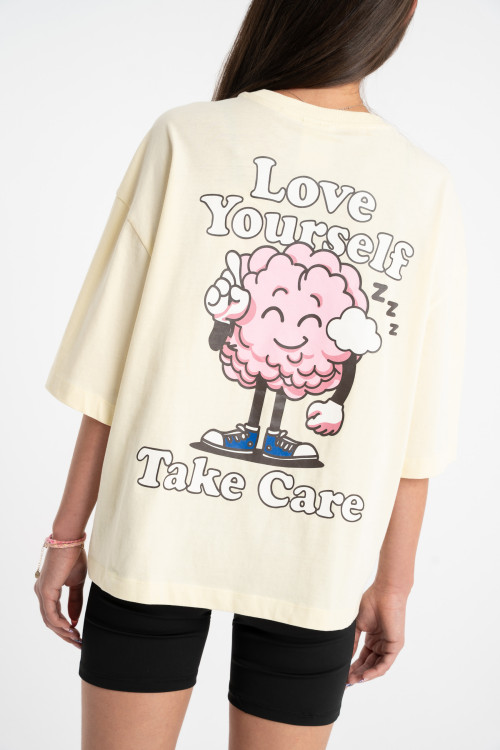 Żółty t-shirt BOXY z autorską grafiką z tyłu