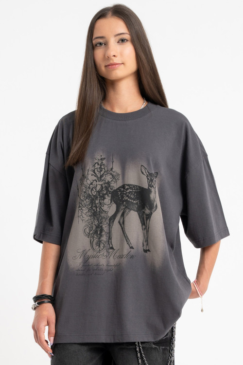 Ciemnoszary t-shirt OVERSIZE z autorską grafiką z przodu