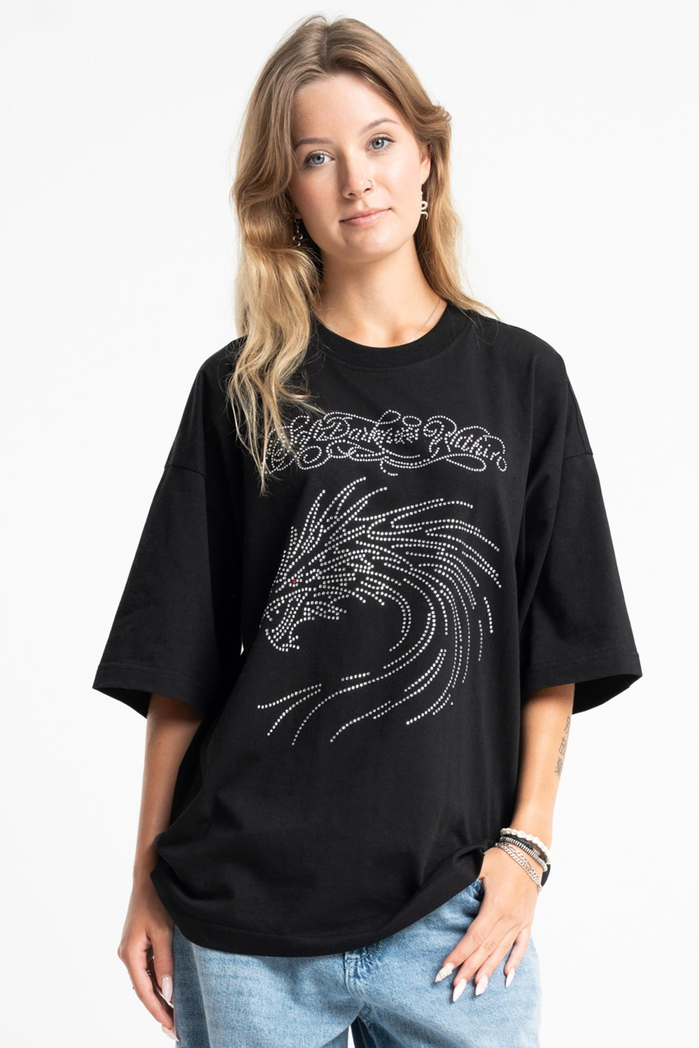 Czarny t-shirt OVERSIZE z dżetami
