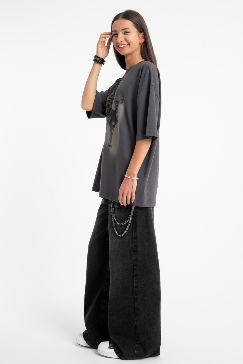 Granatowe spodnie jeansowe WIDE LEG z modnymi przetarciami