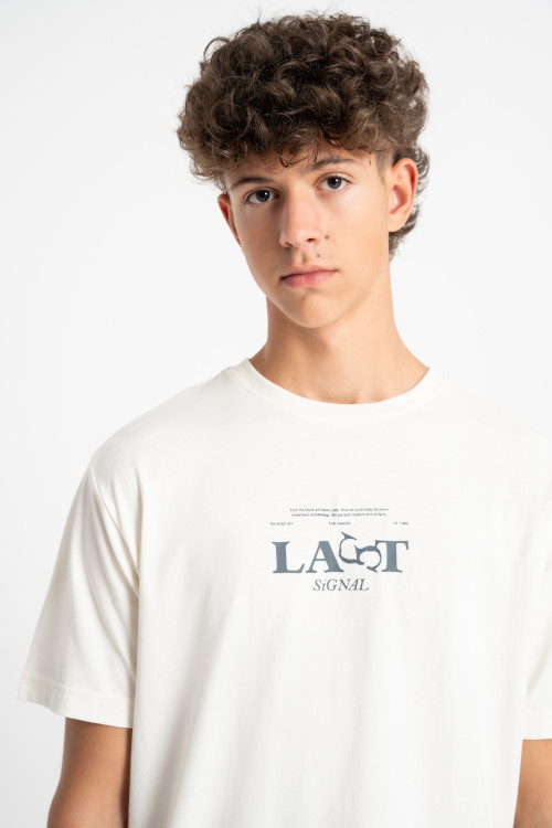 Kremowy t-shirt REGULAR z autorską grafiką z tyłu