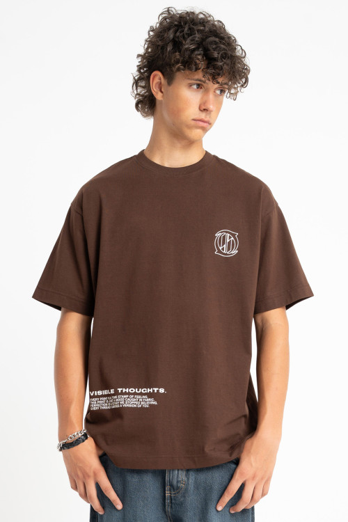 Brązowy t-shirt LOOSE z nadrukami z przodu