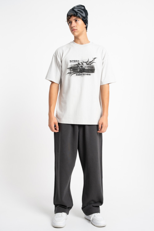 Jasnoszary t-shirt LOOSE z autorską grafiką z przodu