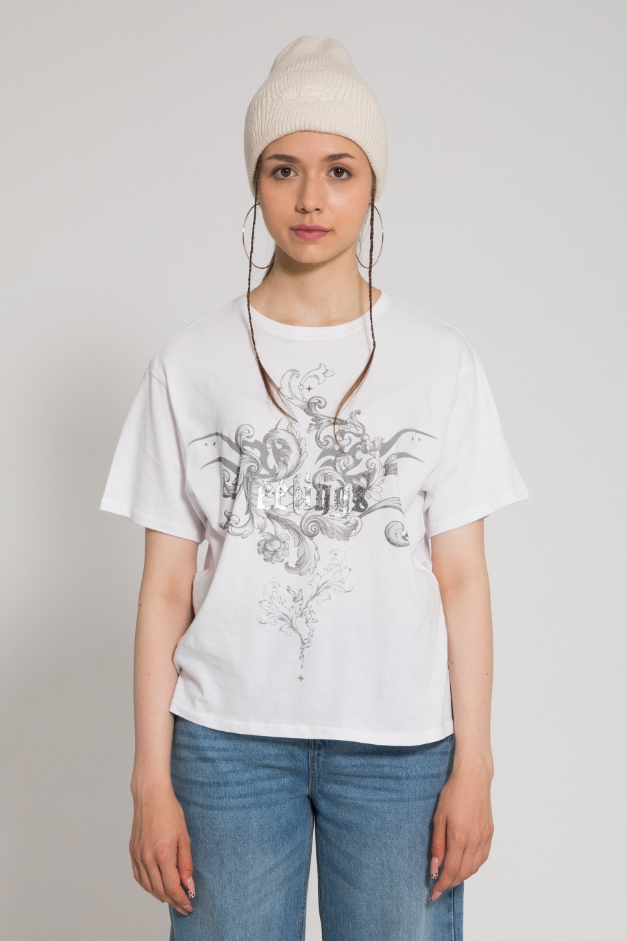 Biały t-shirt oversize z grafiką z przodu od Reporter