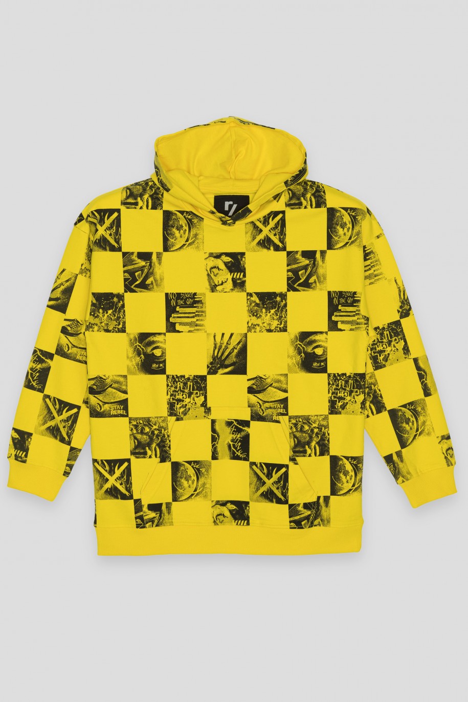 Żółta bluza dresowa oversize z kapturem z motywem szachownicy od Reporter