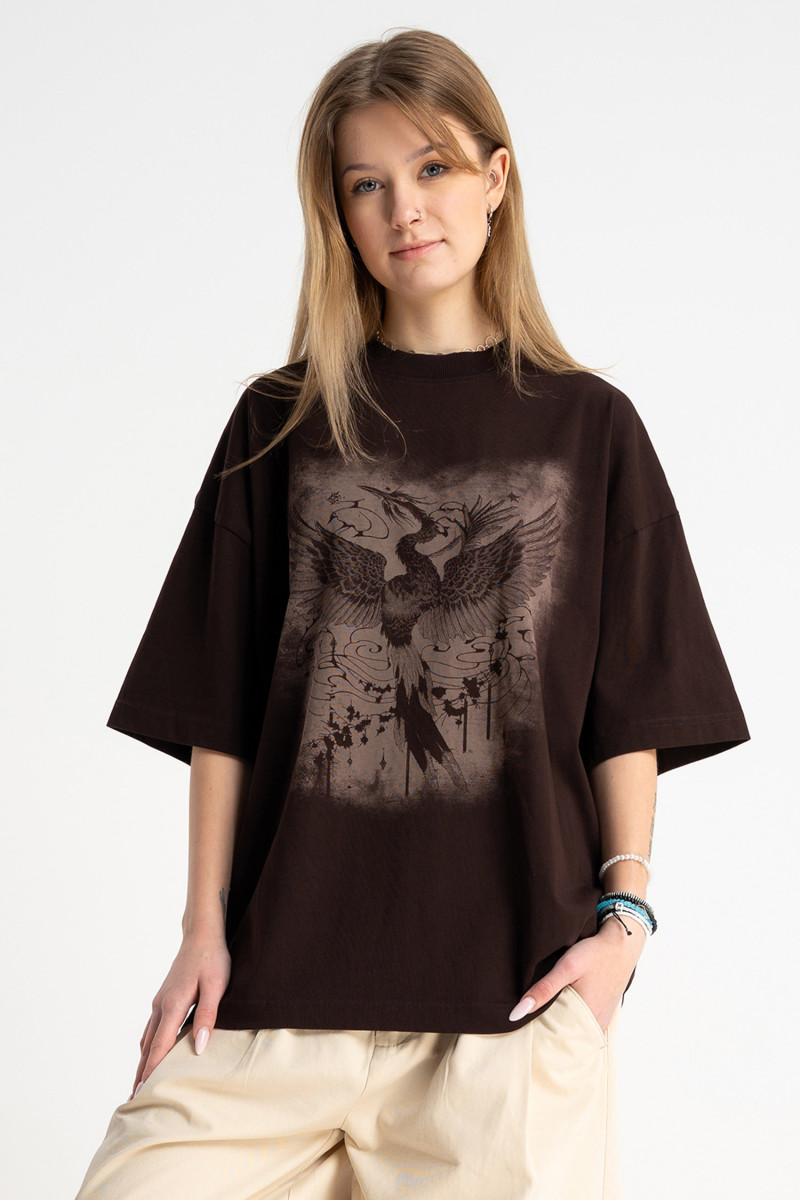 Brązowy t-shirt OVERSIZE z autorską grafiką z przodu od Reporter